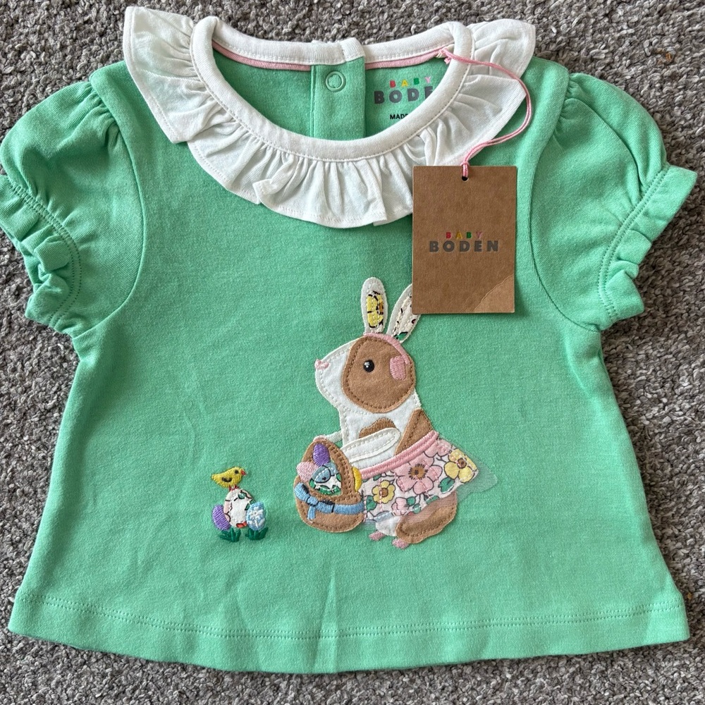 Boden Mint Green Short-Sleeve Tee with White Ruffle Collar and Bunny Appliqué - Picture 1 of 1